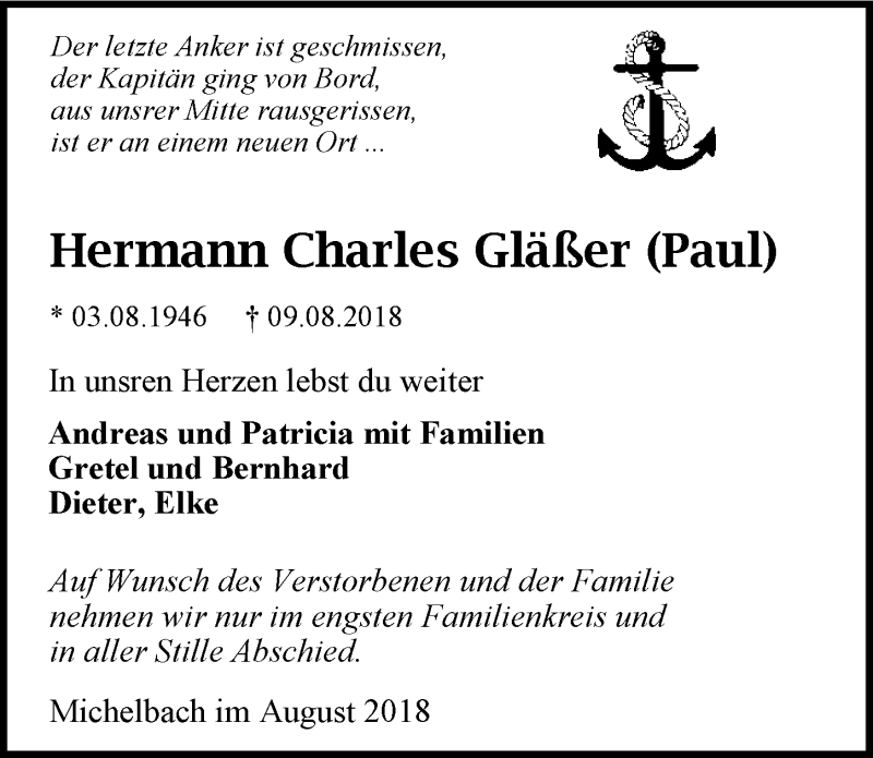  Traueranzeige für Hermann Gläßer vom 15.08.2018 aus 