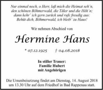 Traueranzeige von Hermine Hans 