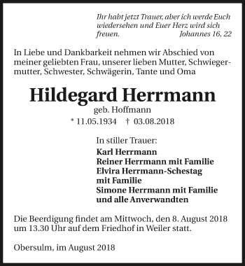 Traueranzeige von Hildegard Herrmann 