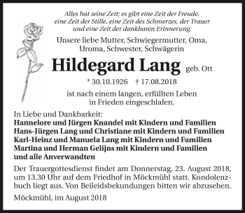 Traueranzeige von Hildegard Lang 