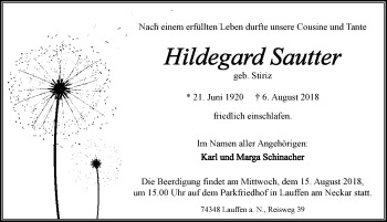 Traueranzeige von Hildegard Sautter 