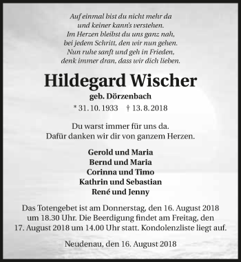 Traueranzeige von Hildegard Wischer 