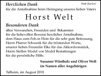 Traueranzeige von Horst Welt 