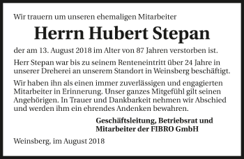 Traueranzeige von Hubert Stepan 