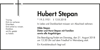 Traueranzeige von Hubert Stepan 