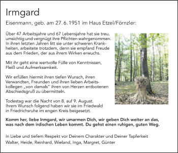 Traueranzeige von Irmgard Eisenmann 