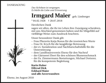 Traueranzeige von Irmgard Maier 