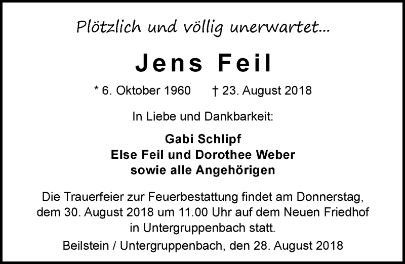  Traueranzeige für Jens Feil vom 28.08.2018 aus 