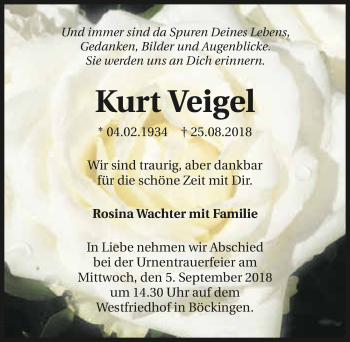 Traueranzeige von Kurt Veigel 