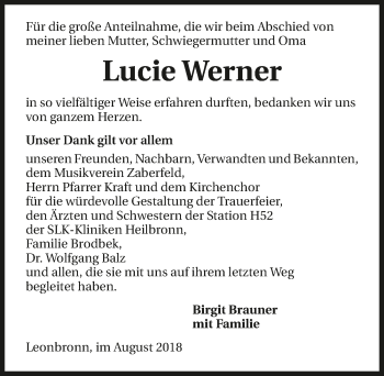 Traueranzeige von Lucie Werner 