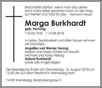 Traueranzeige von Marga Burkhardt 