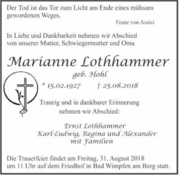 Traueranzeige von Marianne Lothhammer 