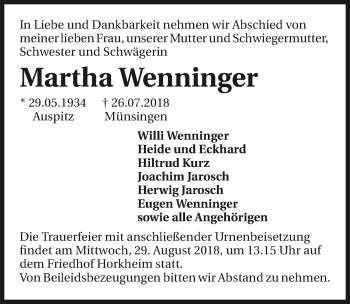 Traueranzeige von Martha Wenninger 