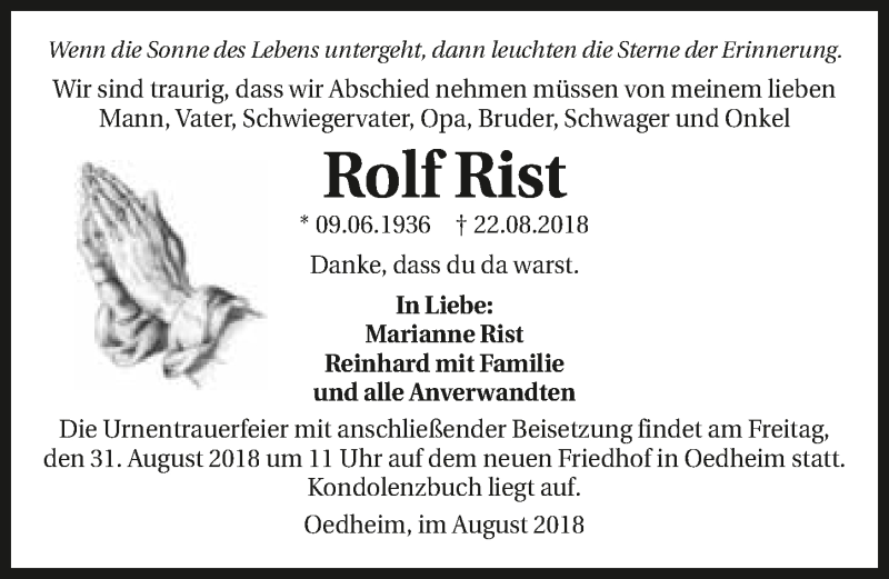  Traueranzeige für Rolf Rist vom 25.08.2018 aus 