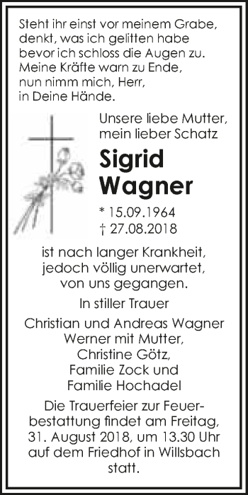 Traueranzeige von Sigrid Wagner 