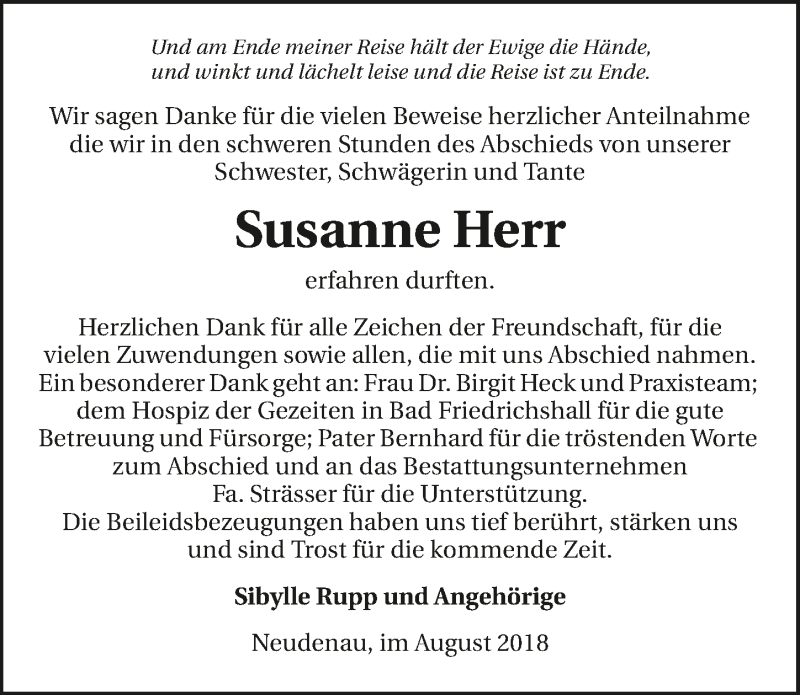  Traueranzeige für Susanne Herr vom 29.08.2018 aus 