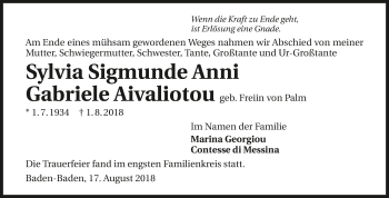 Traueranzeige von Sylvia Sigmunde Anni Gabriele Aivaliotou 