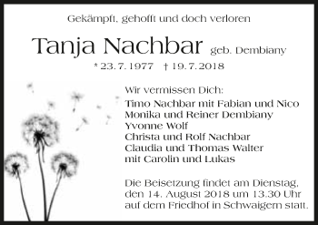 Traueranzeige von Tanja Nachbar 