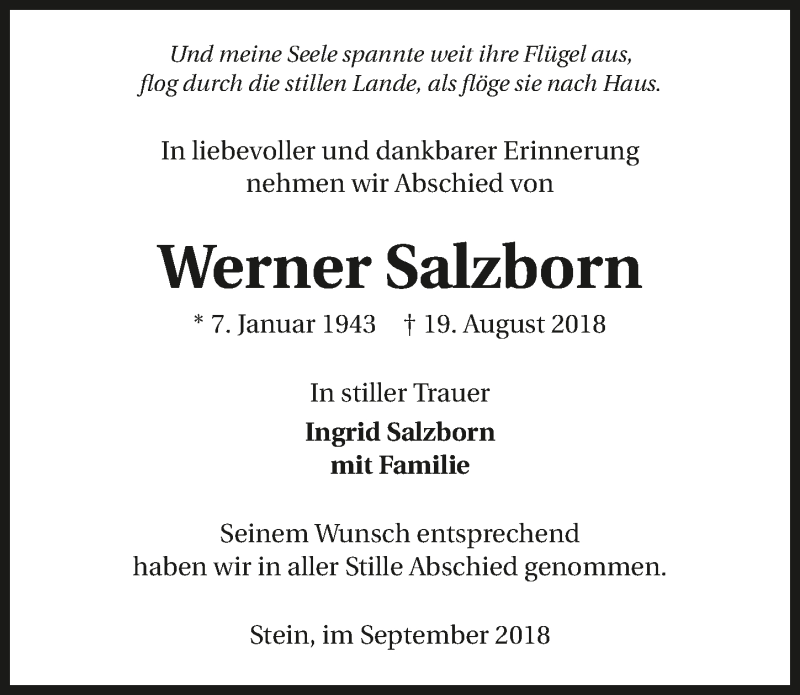  Traueranzeige für Werner Salzborn vom 01.09.2018 aus 
