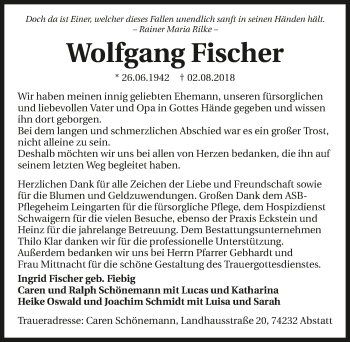 Traueranzeige von Wolfgang Fischer 