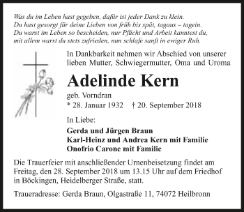 Traueranzeige von Adelinde Kern 