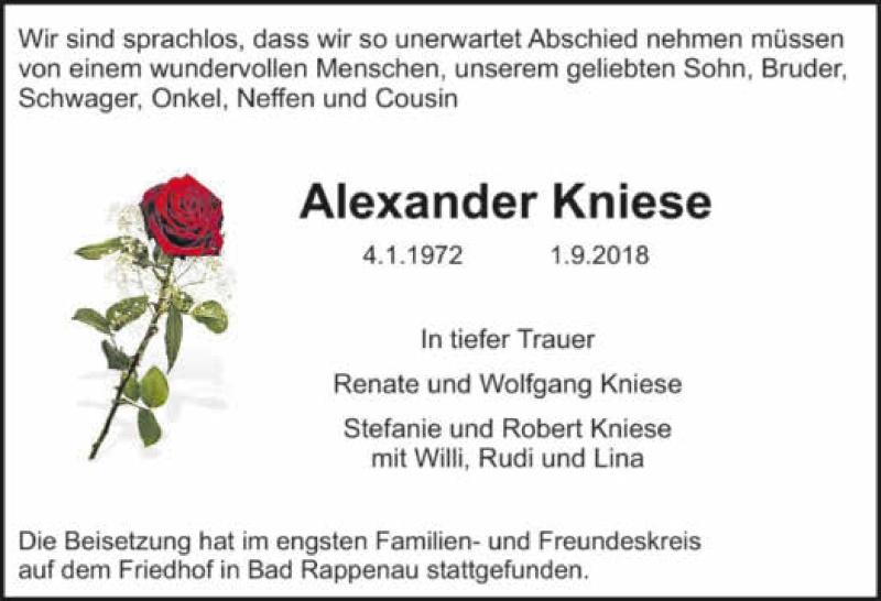  Traueranzeige für Alexander Kniese vom 11.09.2018 aus 
