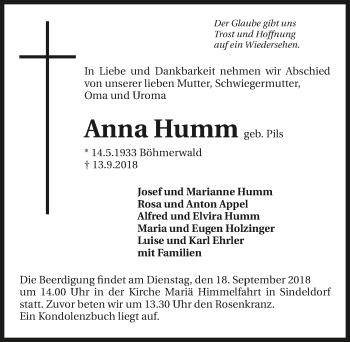 Traueranzeige von Anna Humm 