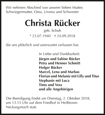 Traueranzeige von Christa Rücker 