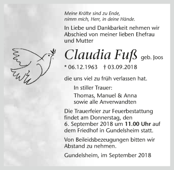 Traueranzeige von Claudia Fuß 