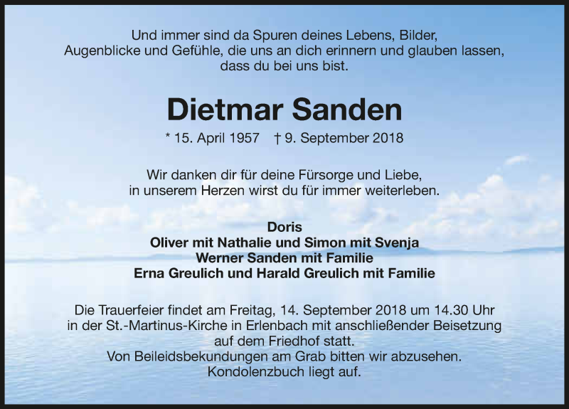  Traueranzeige für Dietmar Sanden vom 12.09.2018 aus 