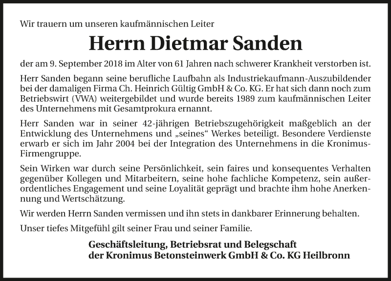  Traueranzeige für Dietmar Sanden vom 12.09.2018 aus 
