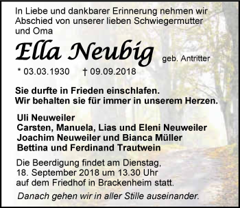 Traueranzeige von Ella Neubig 