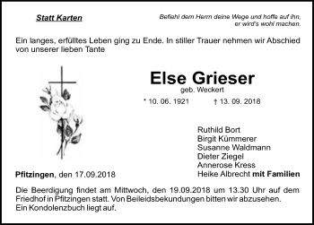 Traueranzeige von Else Grieser 