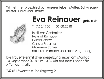 Traueranzeige von Eva Reinauer 