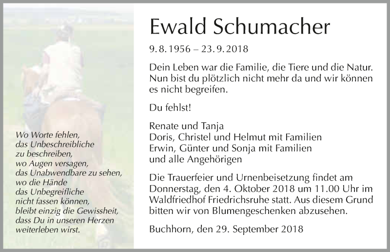  Traueranzeige für Ewald Schumacher vom 29.09.2018 aus 