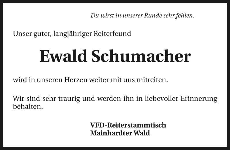  Traueranzeige für Ewald Schumacher vom 29.09.2018 aus 