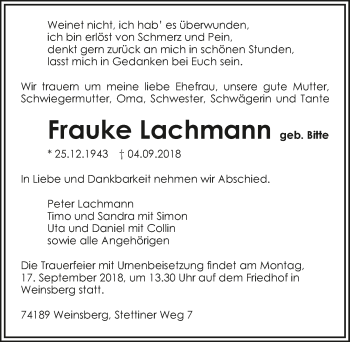 Traueranzeige von Frauke Lachmann 
