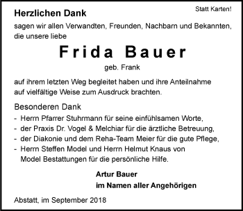 Traueranzeige von Frida Bauer 