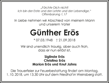 Traueranzeige von Günther Erös 