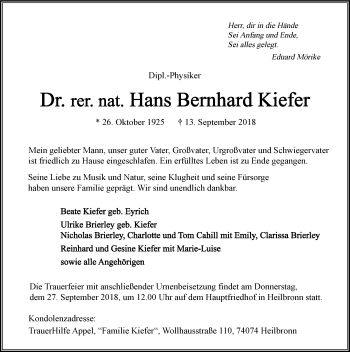 Traueranzeige von Hans Bernhard Kiefer 