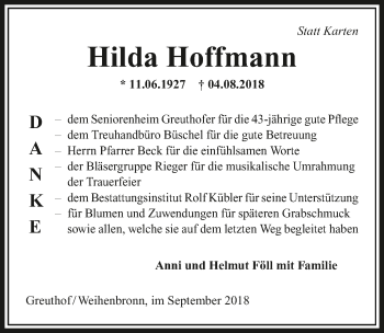 Traueranzeige von Hilda Hofmann 