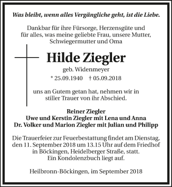 Traueranzeige von Hilde Ziegler 