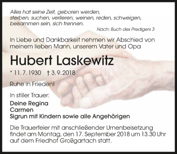 Traueranzeige von Hubert Laskewitz 