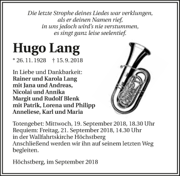 Traueranzeige von Hugo Lang 