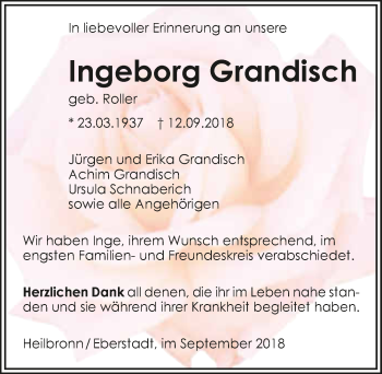 Traueranzeige von Ingeborg Grandisch 