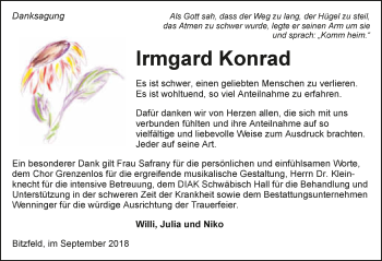 Traueranzeige von Irmgard Konrad 