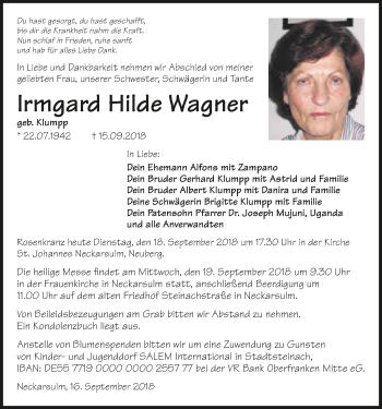Traueranzeige von Irmgard Hilde Wagner 
