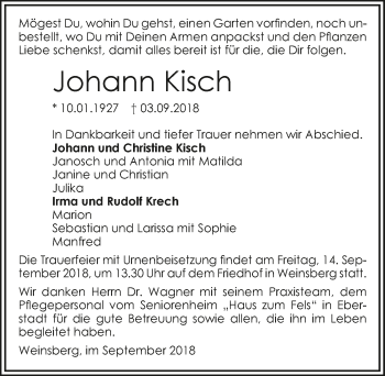Traueranzeige von Johann Kisch 