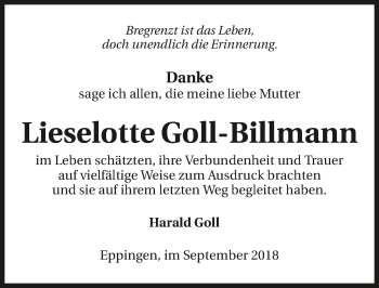 Traueranzeige von Lieselotte Goll-Billmann 