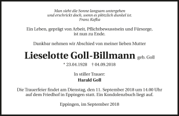 Traueranzeige von Lieselotte Goll-Billmann 